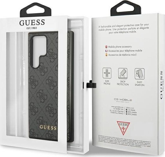 GUESS Case for Samsung Galaxy S24 Ultra, 4G Metal Gold Logo, grey