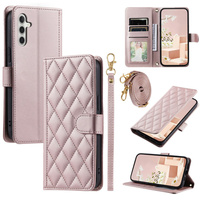 Flip case for Samsung Galaxy S25 FE, Rhombus Crossbody Leather, pink rose gold