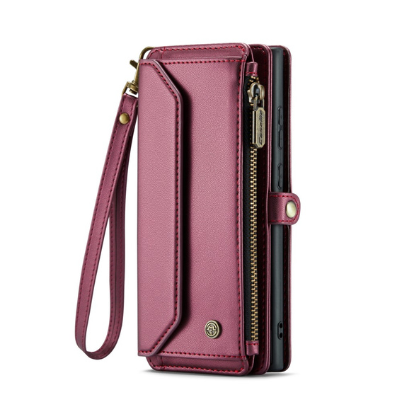Case CASEME for Samsung Galaxy S25 Ultra, RFID Leather Wallet, with shoulder strap, red