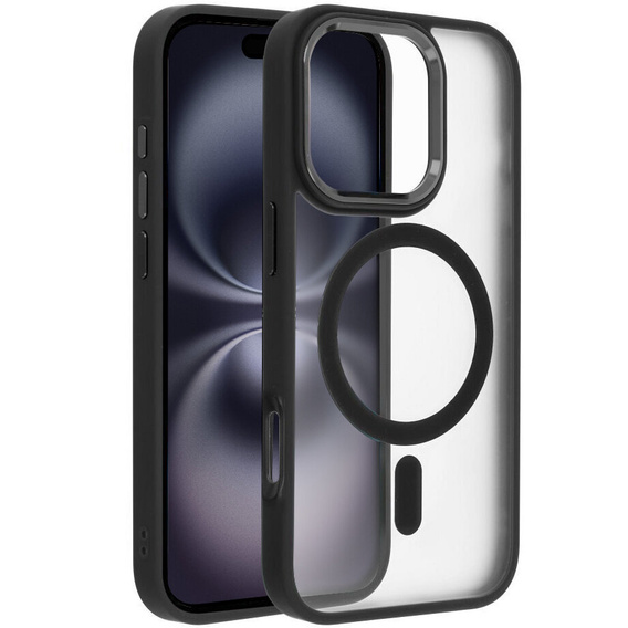 Case for iPhone 16 Pro Max, for MagSafe, ERBORD Matt Case, transparent / black + Screen Glass