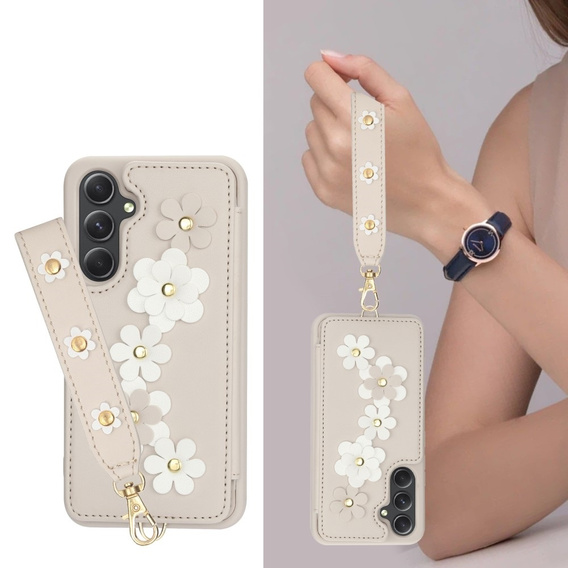 Case for Samsung Galaxy A55 5G, Leather Flower Card Slot, beige