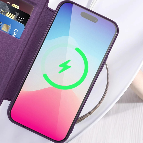 Flip case for iPhone 14, RFID Wallet MagSafe CamShield, purple