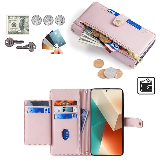 Flip case for Xiaomi Redmi Note 13 5G, Wallet Zipper Pocket, pink