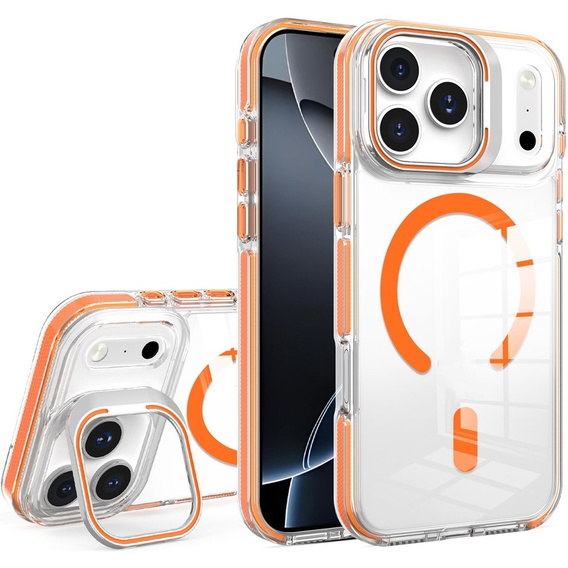 Case for iPhone 17 Pro Max, for MagSafe, with stand, transparent with orange inserts