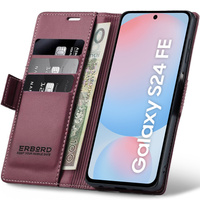 Case for Samsung Galaxy S24 FE, ERBORD Glossy Litchi, wallet with flap, red
