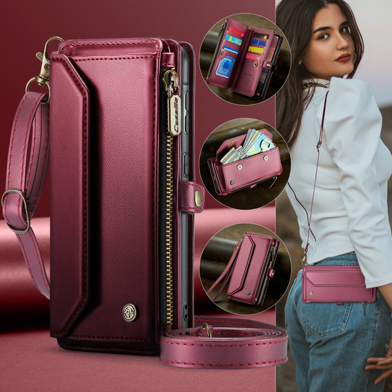 Case CASEME for Samsung Galaxy A56 5G, RFID Leather Wallet, with shoulder strap, red