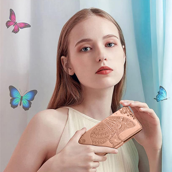 Flip case for Xiaomi Poco F7 Pro, Butterfly, pink rose gold