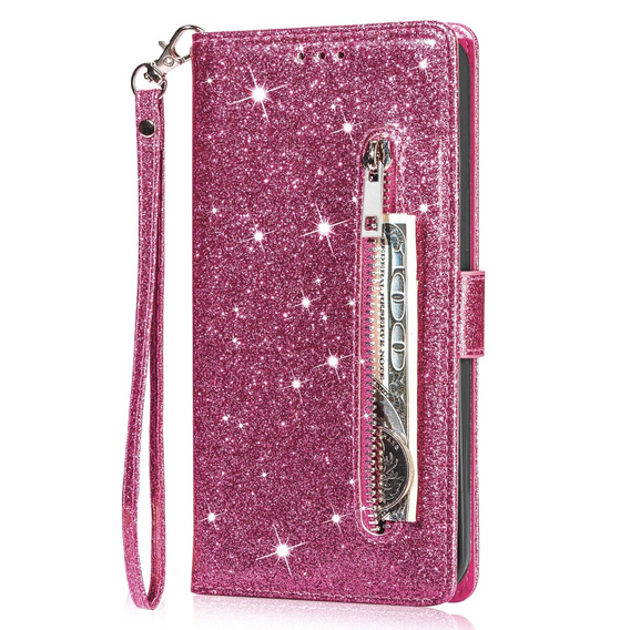 Flip case for Samsung Galaxy A35 5G, Wallet Zipper Pocket Glittery, pink