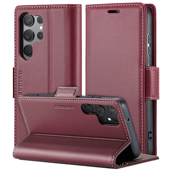 Case for Samsung Galaxy S25 Ultra, ERBORD Glossy Litchi, wallet with flap, red