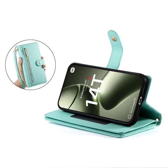 Flip case for Xiaomi 14T, Wallet Zipper Pocket, green
