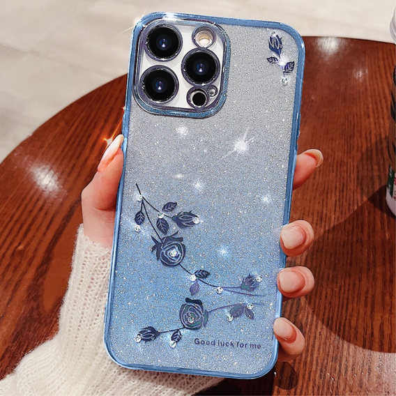 Case for iPhone 16 Pro Max, Glitter Flower, blue