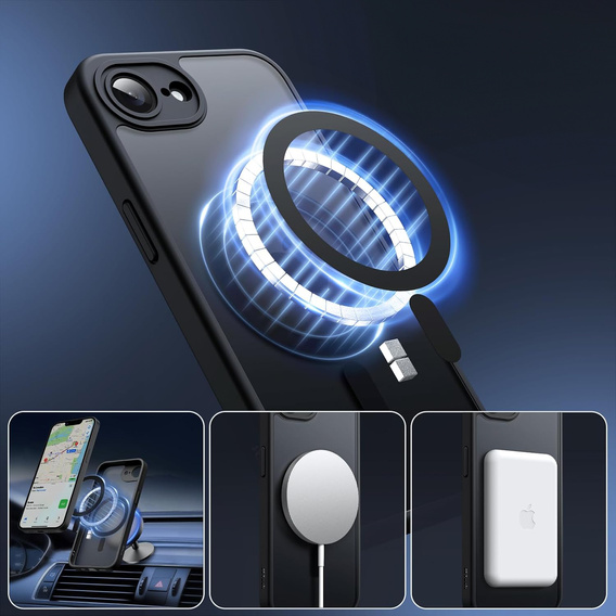 Case for iPhone 16E, for MagSafe, ERBORD Matt Case, black + Screen Glass