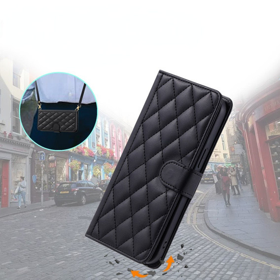 Flip case for iPhone 16 Pro Max, Rhombus Crossbody Leather, black