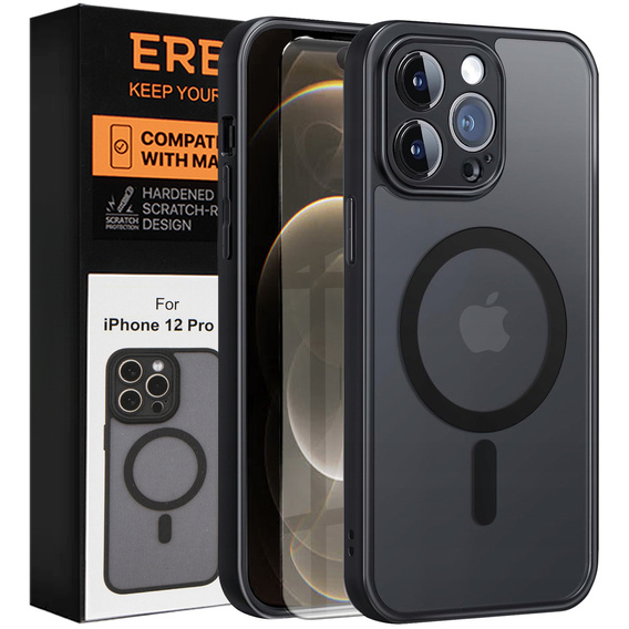 Case for iPhone 12 Pro, for MagSafe, ERBORD Matt Case, black + Screen Glass