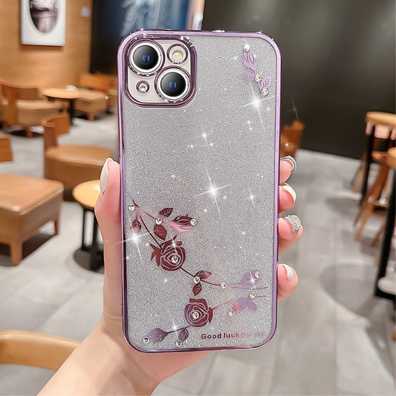 Case for iPhone 14 Plus, Glitter Flower, purple