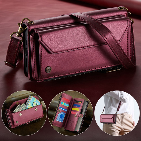 Case CASEME for Samsung Galaxy S25 Ultra, RFID Leather Wallet, with shoulder strap, red