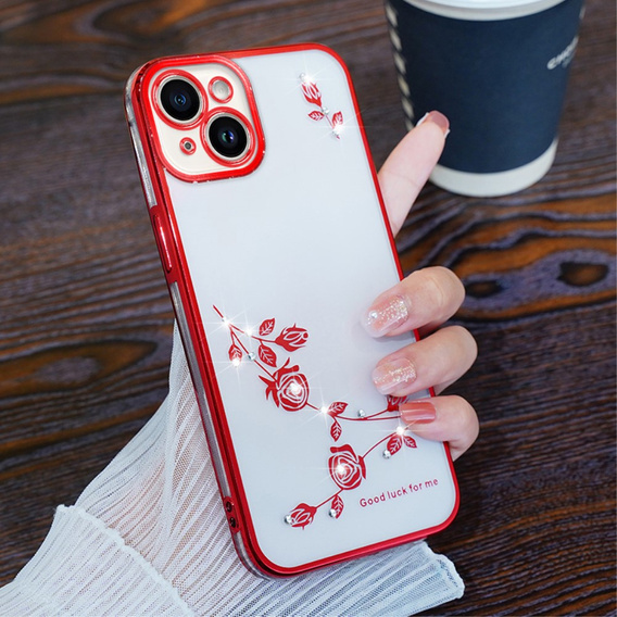Case for iPhone 15, Glitter Flower, red