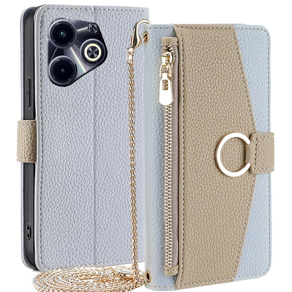 Flip case for Infinix Hot 40i, Wallet Zipper Pocket, with mirror, blue