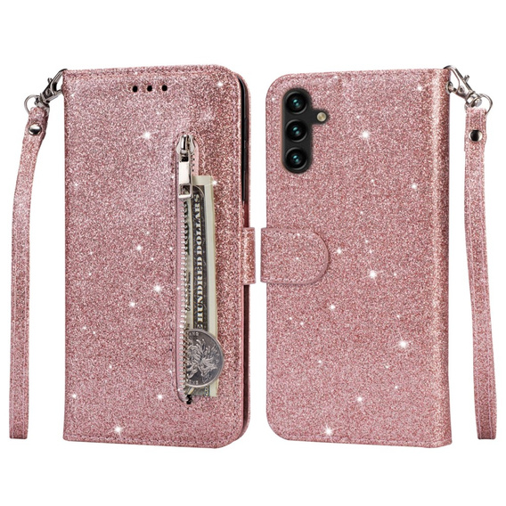 Flip case for Samsung Galaxy A35 5G, Wallet Zipper Pocket Glittery, pink rose gold