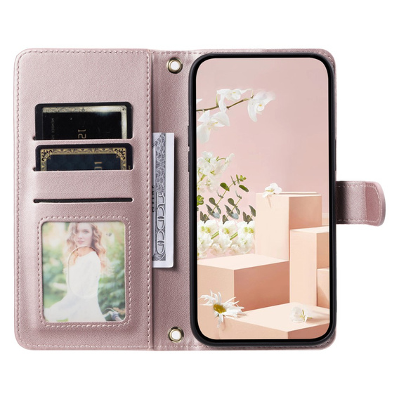 Flip case for iPhone 16 Plus, Rhombus Crossbody Leather, pink rose gold