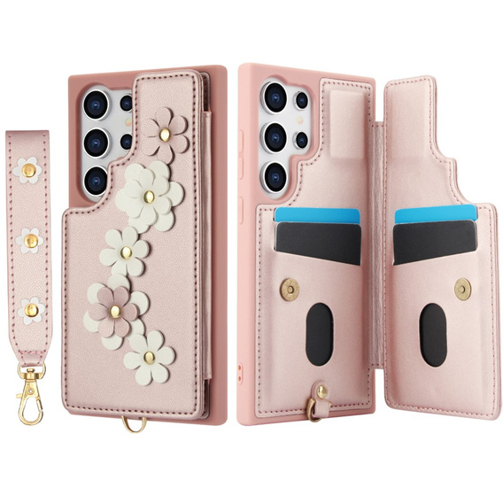 Case for Samsung Galaxy S25 Ultra, Leather Flower Card Slot, pink