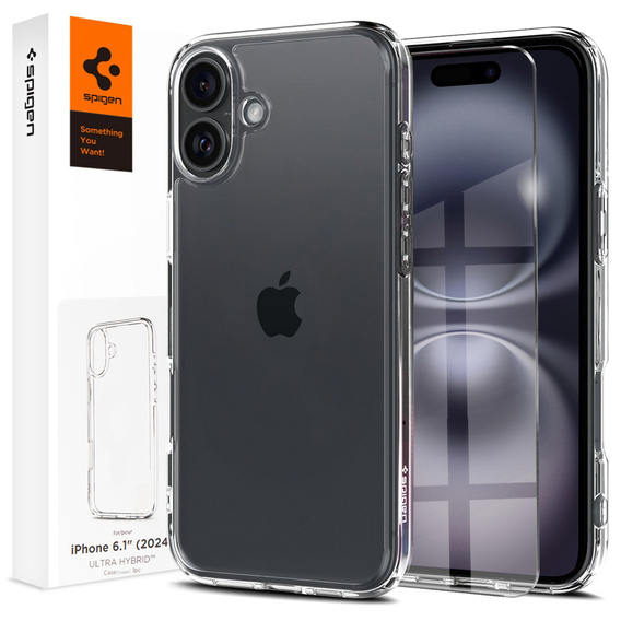 Spigen case for iPhone 16, Ultra Hybrid, transparent + 9H Tempered Glass