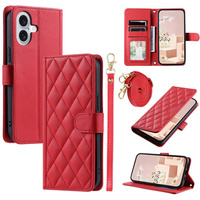 Flip case for iPhone 16, Rhombus Crossbody Leather, red