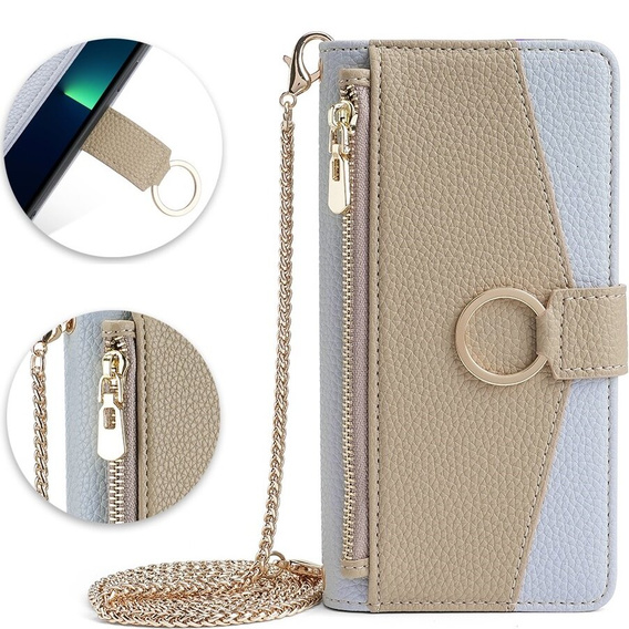 Flip case for iPhone 15, Wallet Zipper Pocket, with mirror, blue