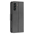 Flip case for Samsung Galaxy A15, Wallet Litchi Leather, black + 9H glass