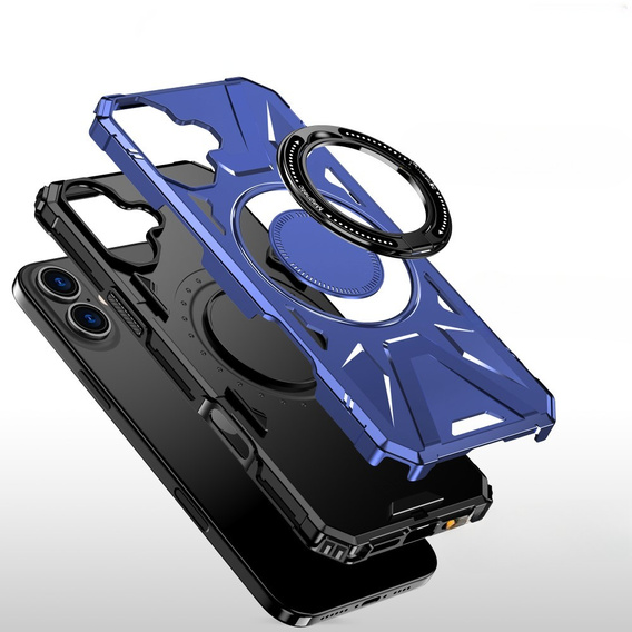 Case for iPhone 16, armored with stand and handle plate, blue