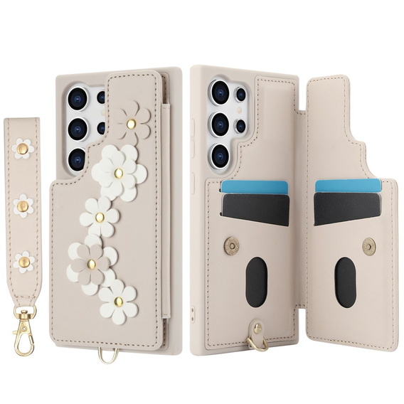 Case for Samsung Galaxy S24 Ultra, Leather Flower Card Slot, beige
