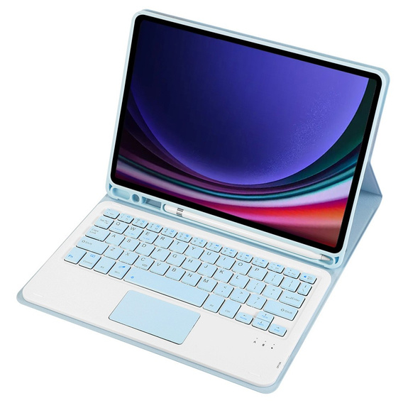 Case + keyboard Samsung Galaxy Tab S9, Leather Pen Slot TouchPad, light blue