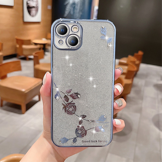 Case for iPhone 14 Plus, Glitter Flower, blue