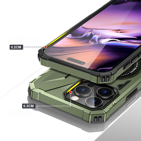 Case for iPhone 16 Pro Max, armored with stand and handle plate, green