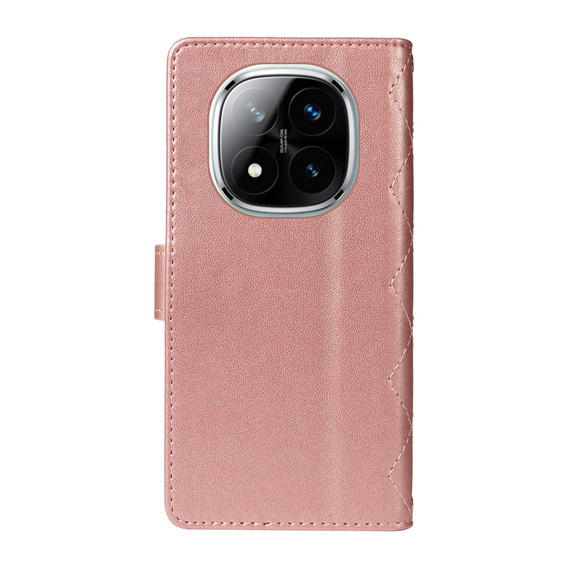 Flip case for Xiaomi Redmi Note 14 Pro 5G / Xiaomi Redmi Note 14 Pro+ 5G / Xiaomi Poco X7 5G, Rhombus Crossbody Leather, pink rose gold