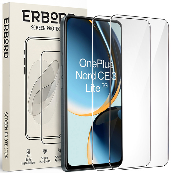 2x Tempered Glass for OnePlus Nord CE 3 Lite 5G, ERBORD 9H Hard Glass for phone screen