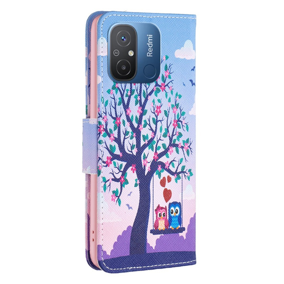 Flip case for Xiaomi Redmi 12C, Wallet, tree & owls, blue