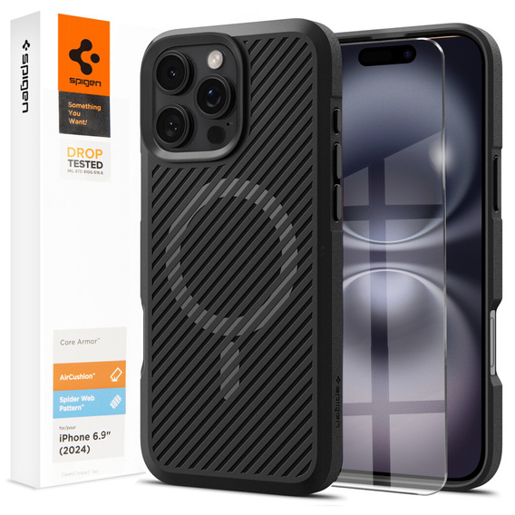 The Spigen Case for iPhone 16 Pro Max, Core Armor MagSafe, black + 9H Tempered Glass