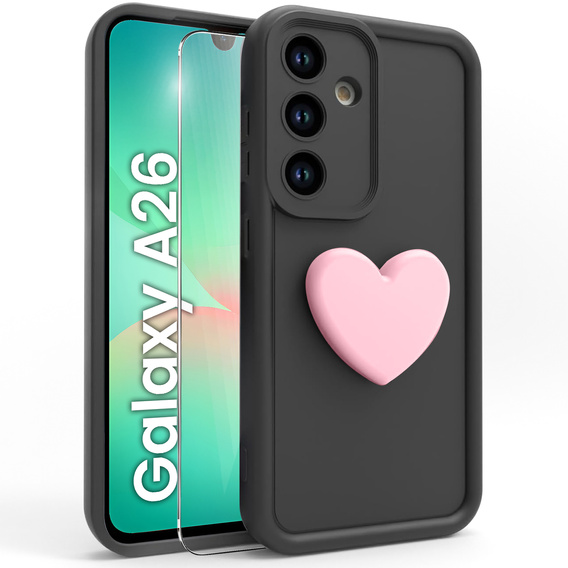 Case for Samsung Galaxy A26, Silicone Heart, black + 9H tempered glass