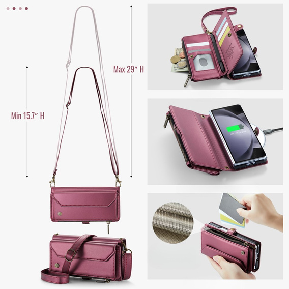 Case CASEME for Samsung Galaxy Z Fold6 5G, RFID Leather Wallet, with shoulder strap, red