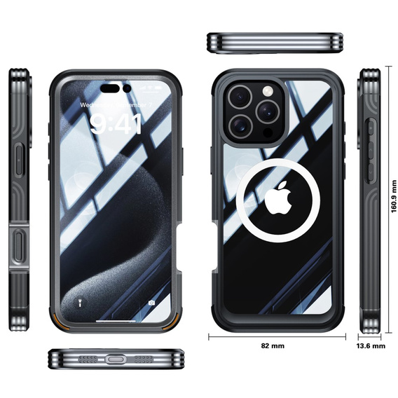 Case for iPhone 16 Pro, Shockproof, with glass, for MagSafe, black