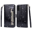Flip case for Samsung Galaxy A35 5G, Wallet Zipper Pocket Glittery, black
