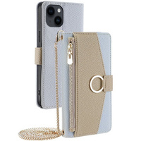 Flip case for iPhone 14, Wallet Zipper Pocket, with mirror, blue