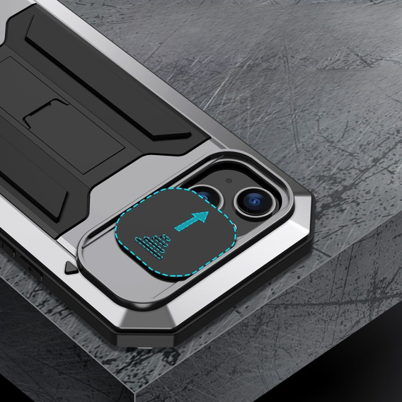 Case for iPhone 14, R-JUST CamShield Slide, armoured, silver / black