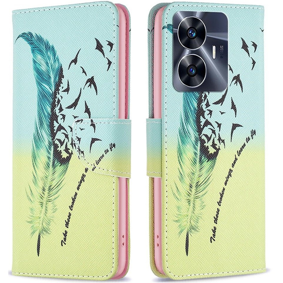 Flip case for Realme C55, Wallet, feather, blue