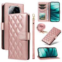 Flip case for Xiaomi Redmi Note 14 Pro 5G / Xiaomi Redmi Note 14 Pro+ 5G / Xiaomi Poco X7 5G, Rhombus Crossbody Leather, pink rose gold
