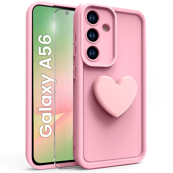 Case for Samsung Galaxy A56 5G, Silicone Heart, pink + 9H tempered glass