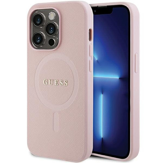 GUESS Case for iPhone 14 Pro, Saffiano MagSafe, pink