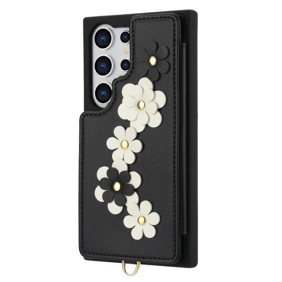 Case for Samsung Galaxy S25 Ultra, Leather Flower Card Slot, black