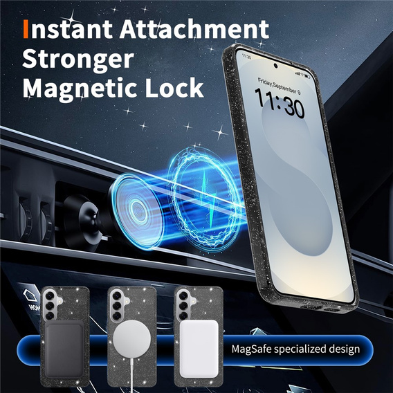 Glitter case, for MagSafe for Samsung Galaxy S26 Plus, transparent/black